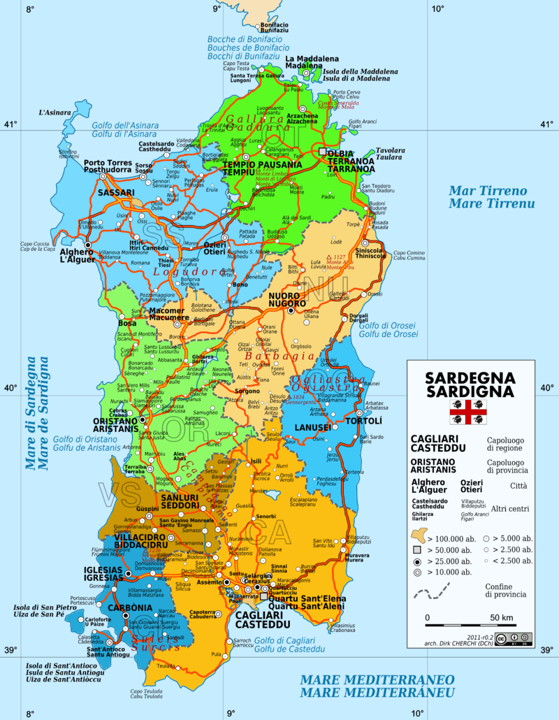 Mapa da Sardenha dividido por províncias - Fonte: Wikipedia